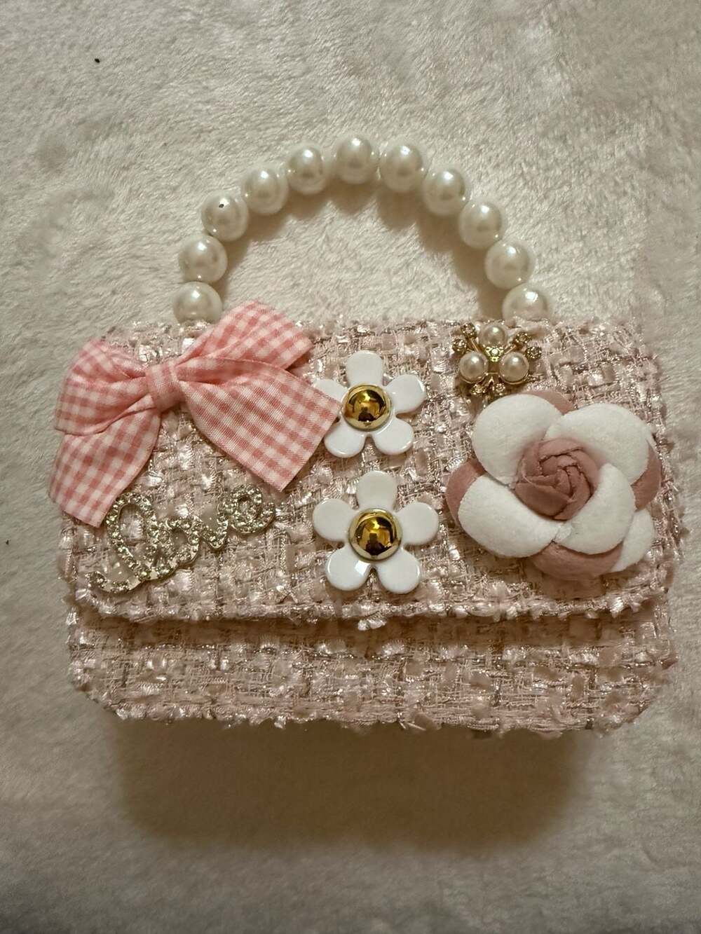 Unbranded Kids Princess Crossbody Purse Pink Tweed Handbag with Pearl Handle